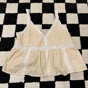 American Eagle Beige and White Striped Lace Trim Cropped Baby Doll Top